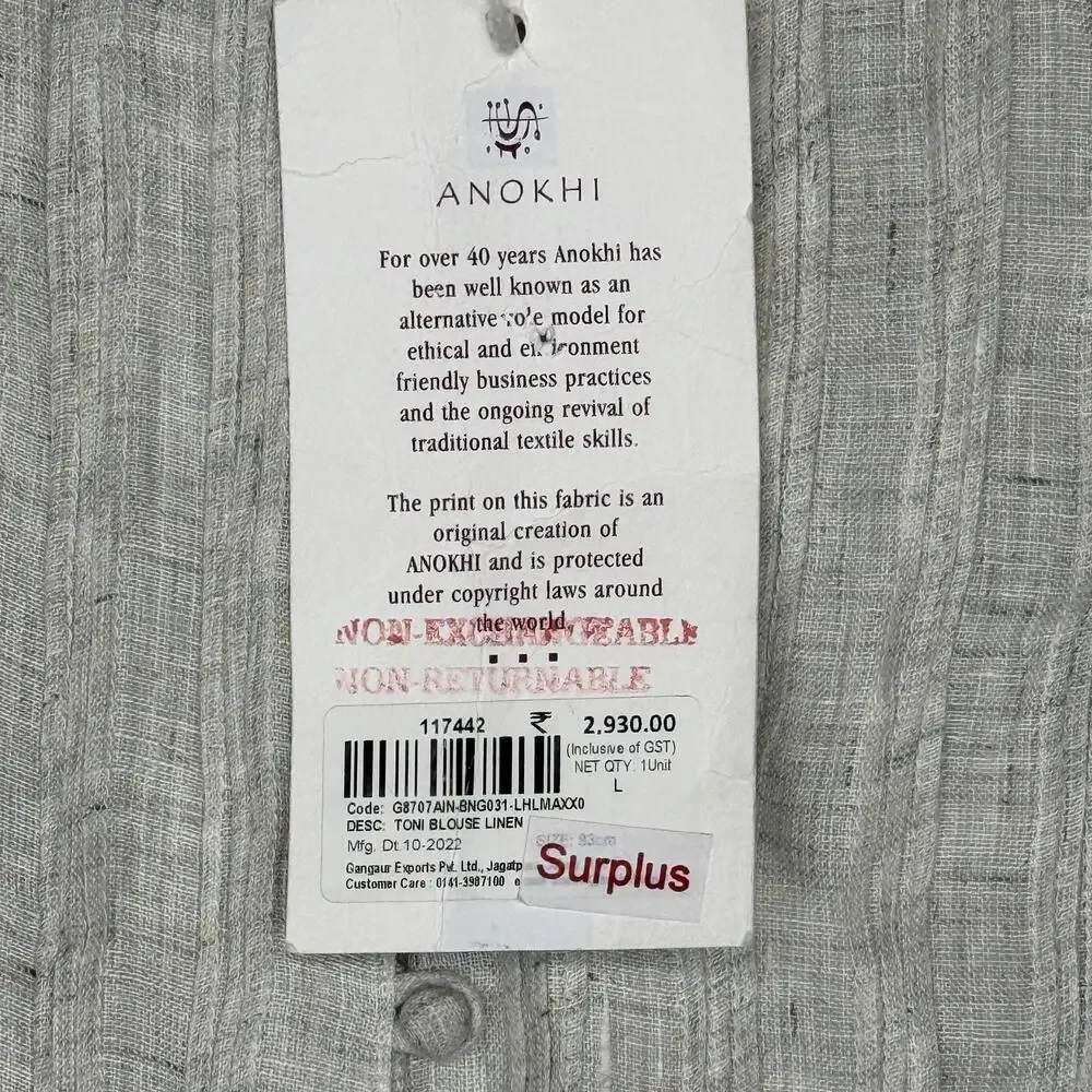 Anokhi Blouse Womens Large Gray Linen Pleated Tunic 3/4 Sleeve Button Front